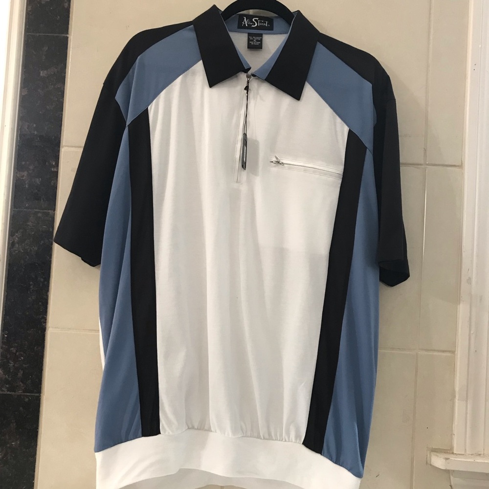 New Alan Stuart Men's White and Blue Short-Sleeve Polo Shirt Size XL.